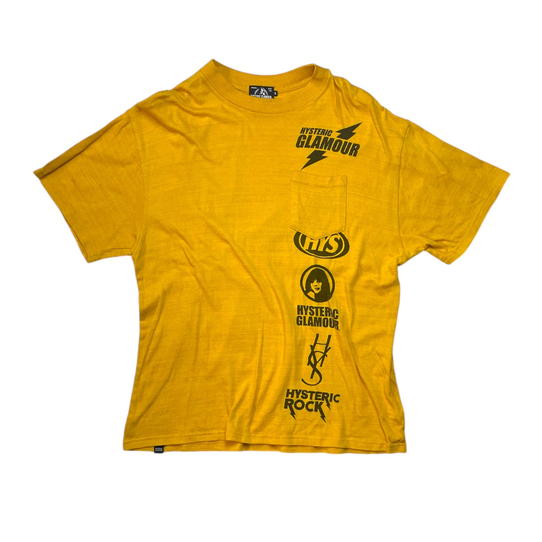 Yellow t-shirt with black logos on a white background