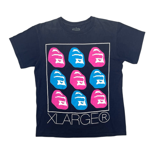 Navy blue t-shirt with colorful logo design on a white background